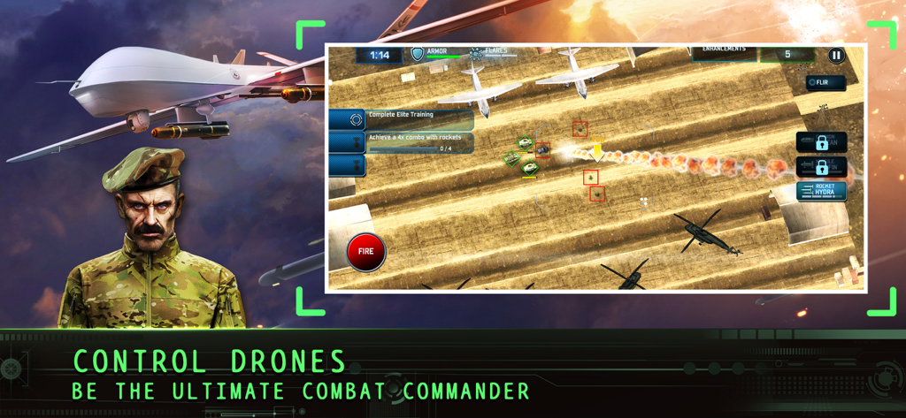 Drone : Shadow Strike - Ein Militärkommandant und eine Drohne im Hintergrund mit einer taktischen Luftaufnahme eines Raketenangriffs in Drone Shadow Strike.