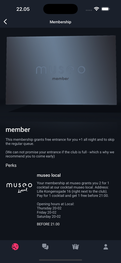 Nyx - nightlife platform - Digital membership card in the Nyx app showing skip-the-line perks and 2-for-1 cocktail offers for Museo club.