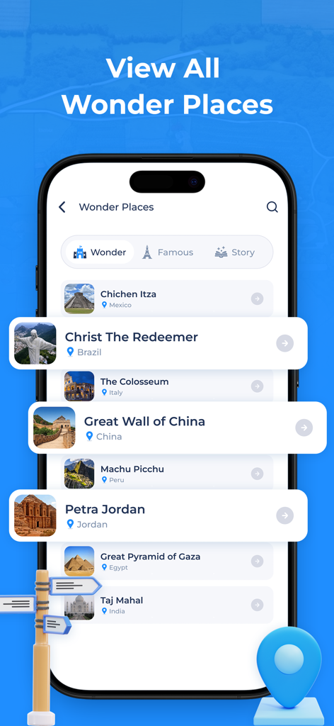 GPS Fields Area Measure App - Lista de marcos famosos do mundo como a Grande Muralha da China e Petra no aplicativo de navegação GPS