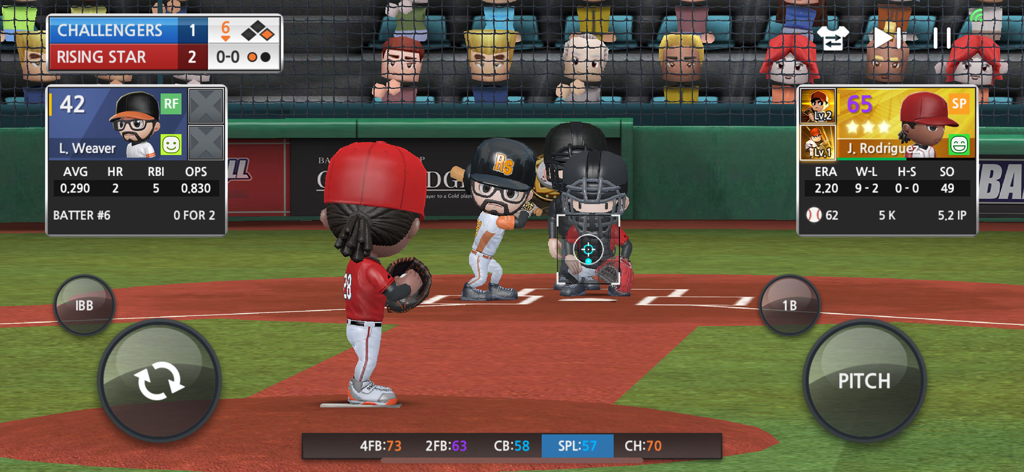 BASEBALL 9 - BASEBALL 9のゲームプレイ・スクリーンショット。投手がマウンドに立ち、詳細な選手ステータスとピッチングコントロールが表示されています。