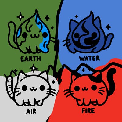 4 cats that represent the different elements, earth, water, air, and fire