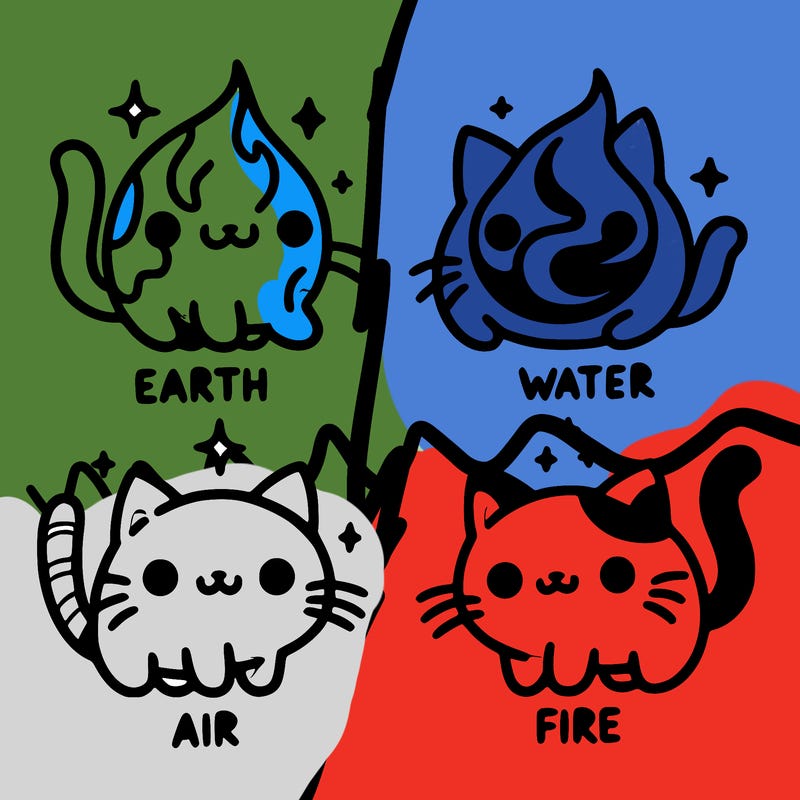 4 cats that represent the different elements, earth, water, air, and fire