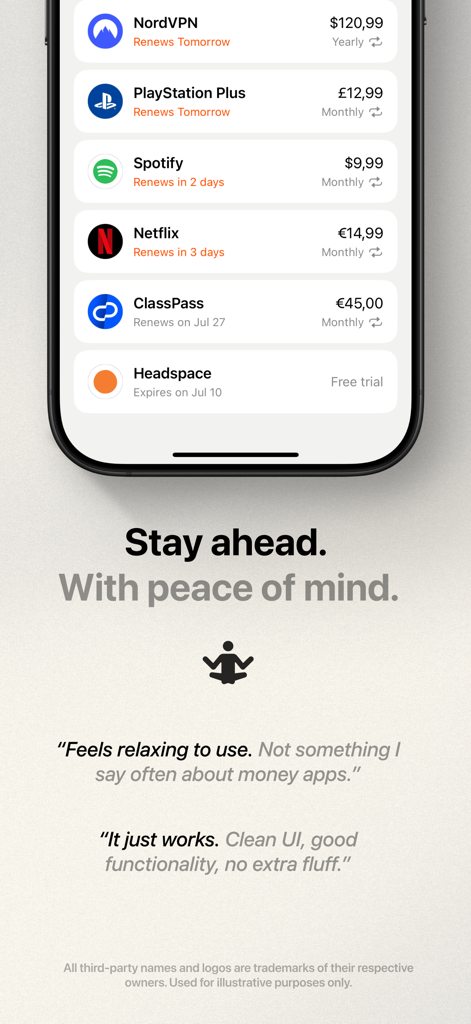 Subo: Subscription Manager - Panel de la aplicación Subo que muestra los costos de suscripción y las fechas de renovación de servicios como Spotify y Netflix
