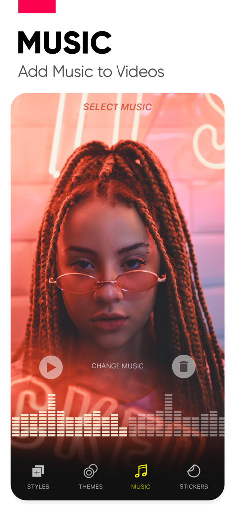 A screenshot of the Slide Show Maker app interface showing how to add music to videos with a user photo and audio waveform display.
