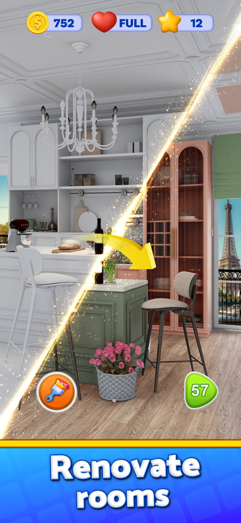 Dream Design:Travel & Decorate - A split screen showing a kitchen renovation with a view of the Eiffel Tower in the Dream Design mobile game.