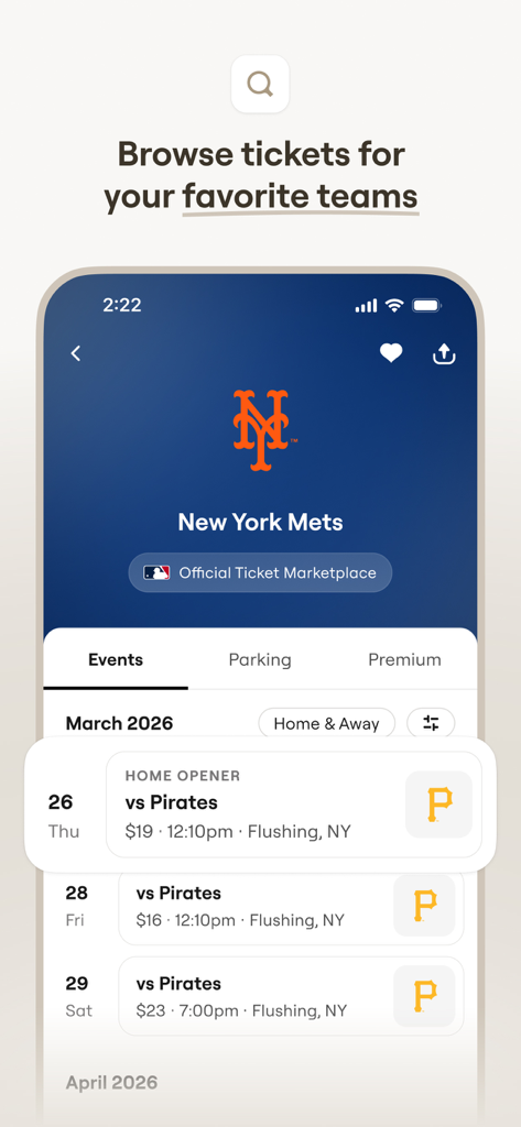 Capture d'écran de l'application SeatGeek affichant le calendrier des prochains matchs des Mets de New York et les prix des billets