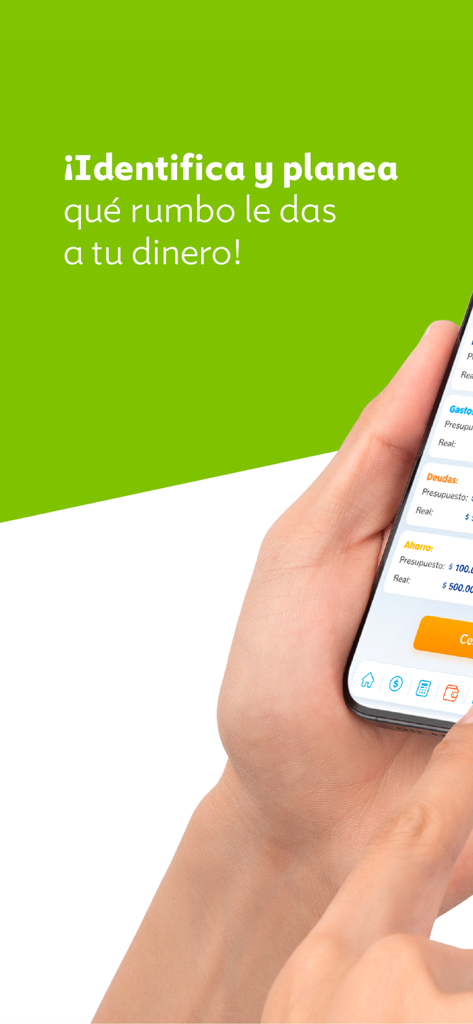 Aplicación Miga - Hand holding a smartphone showing the Miga app financial budget and planning screen in Spanish