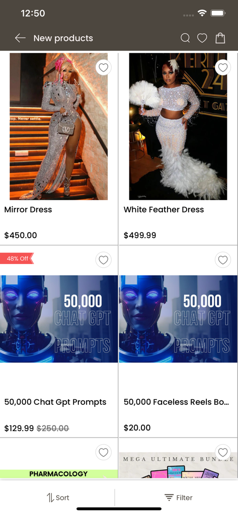 Digital Products Plr. Shop - Interfaccia dell'app mobile del Negozio Prodotti Digitali Plr. che mostra elenchi di prompt ChatGPT e risorse per il marketing digitale.