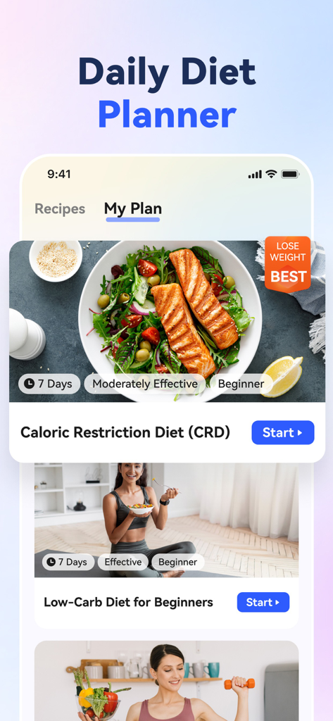 AI Calorie Counter - Appediet - Interfaz del Planificador de Dietas Diarias en la aplicación Appediet con programas personalizados de pérdida de peso y planes de comidas saludables
