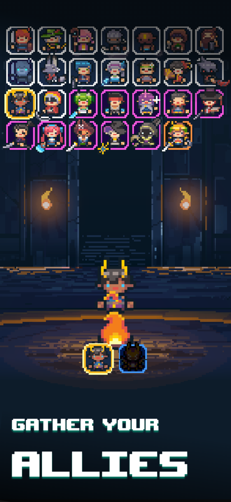 Guidus - Guidus game character selection screen showing a variety of pixel art heroes and the text Gather Your Allies.