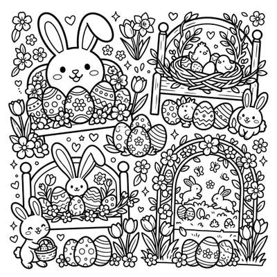 Bring springtime joy to life with this adorable Kawaii Easter Headboards coloring page. Delight in charming bunnies, decorated eggs, and blooming flowers, all ready for your creative touch.