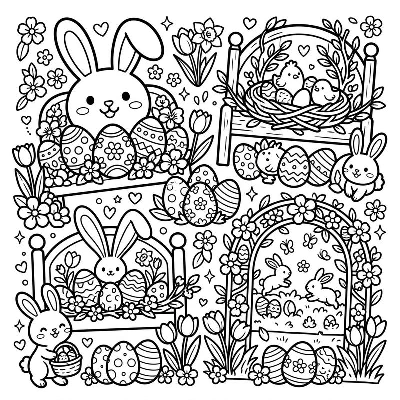 Bring springtime joy to life with this adorable Kawaii Easter Headboards coloring page. Delight in charming bunnies, decorated eggs, and blooming flowers, all ready for your creative touch.