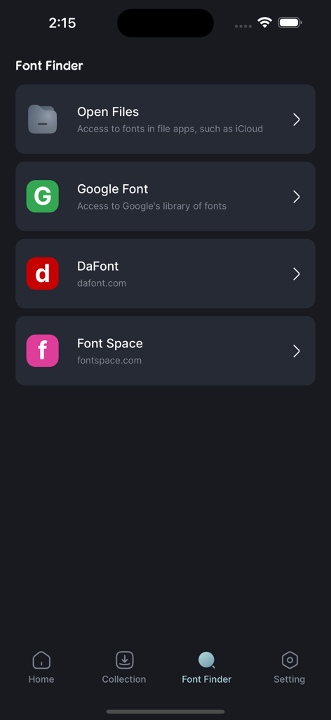 Écran Font Finder dans l'application montrant les options pour parcourir les polices de Google Fonts, DaFont et Font Space