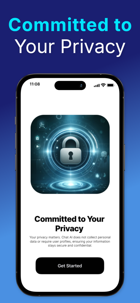 Chat+ AI: Safe & PIN-Protected - iPhone screen displaying Chat Plus AI commitment to privacy with a secure padlock icon and get started button