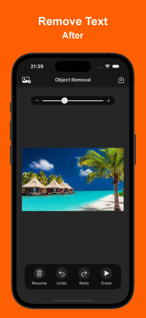 Screenshot of Inpaint app showing a clean tropical beach photo after text removal