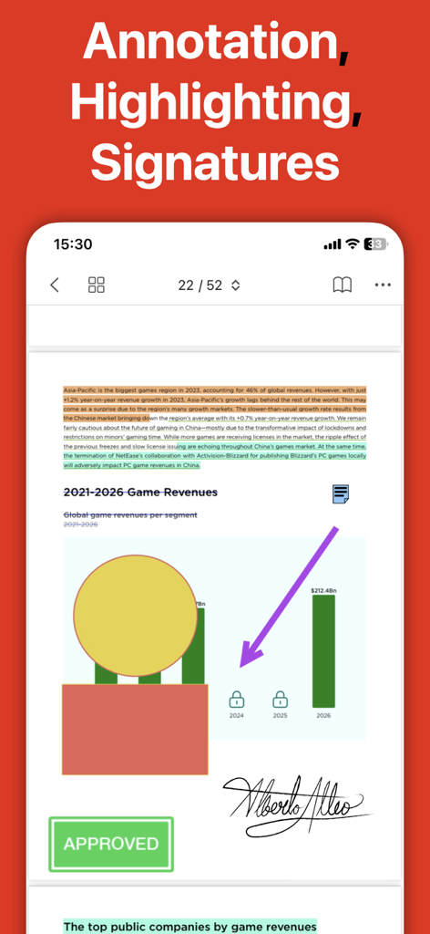 PDF Editor : PDF Reader,Signer - テキストのハイライト、手書きの署名、承認スタンプが付いたドキュメントを示すPDFエディタのモバイルインターフェース。