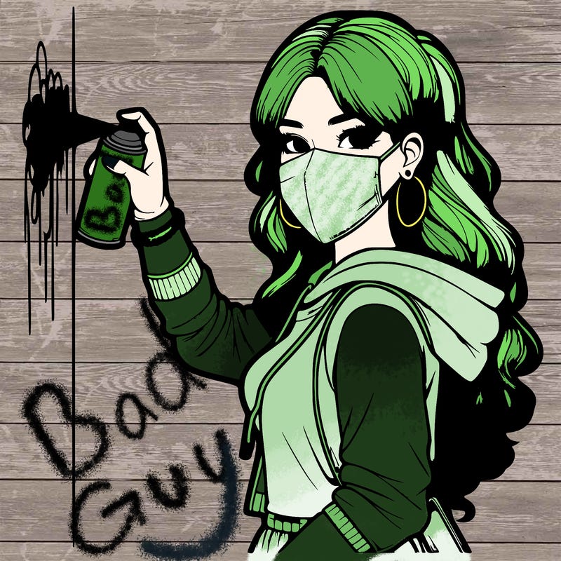 realistic girl with mask spray painting a wall