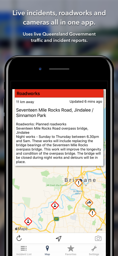 Mobile app interface showing live roadworks and traffic incidents in Brisbane