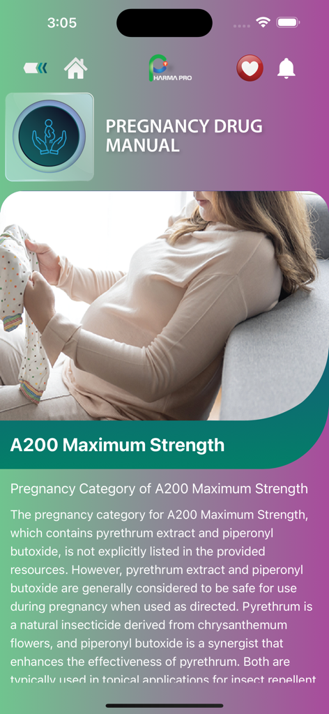 Pharma Pro app interface showing pregnancy drug safety information and clinical manual