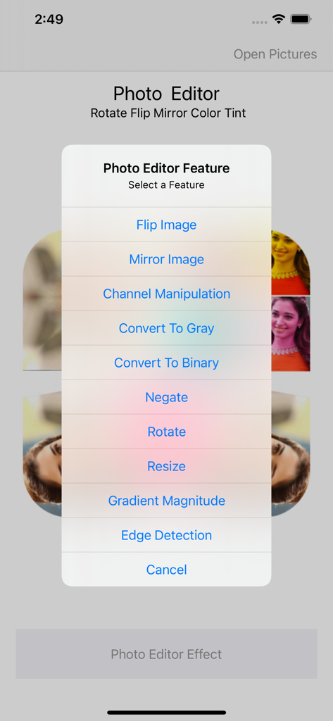 A mobile screen showing the photo editor feature menu with options like flip mirror rotate and resize