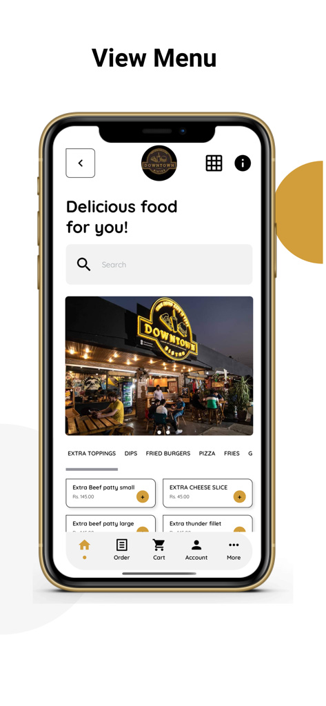 Downtown Bistro - Pantalla de menú de la aplicación Downtown Bistro mostrando categorías de comida y foto del restaurante