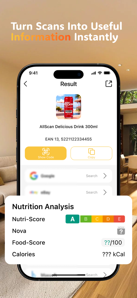 AllScan – QR & Barcode Reader - Mobile app interface showing nutrition analysis and health scores after scanning a product barcode.