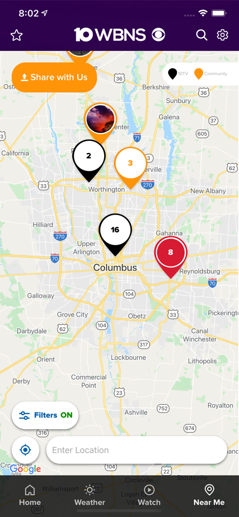 10TV WBNS Columbus, Ohio - Interactive map of Columbus Ohio in the 10TV news app showing local news and community reports