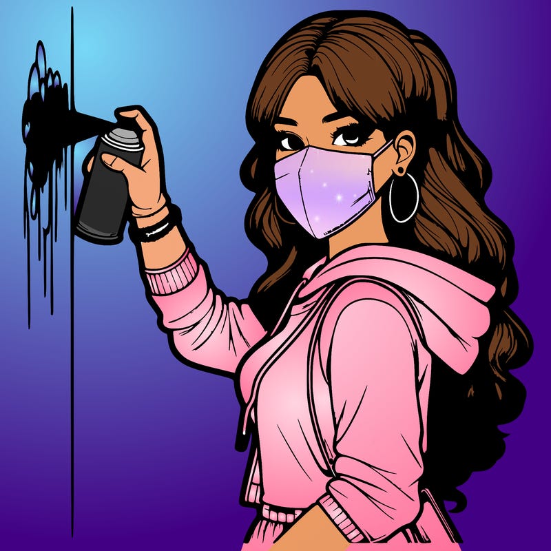 realistic girl with mask spray painting a wall