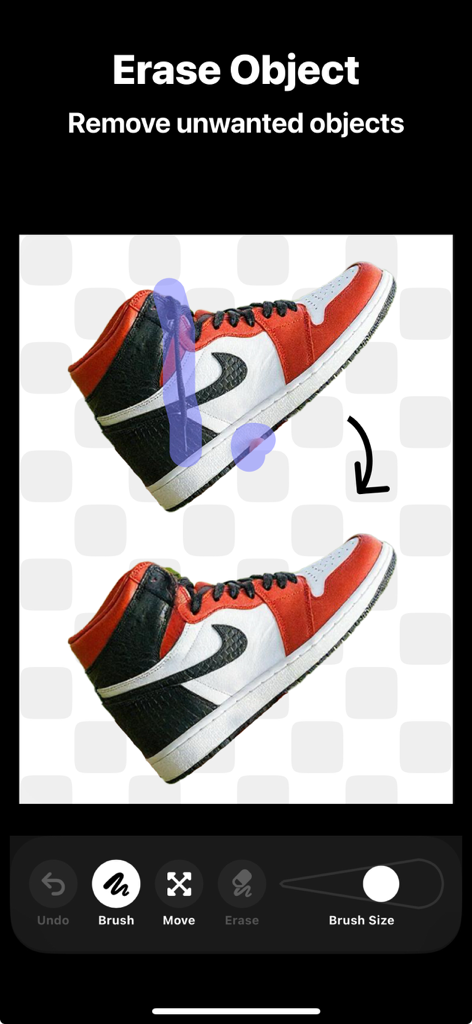Remove BG Object Eraser - Snip - Interface showing the erase object tool removing unwanted marks from a red and white sneaker