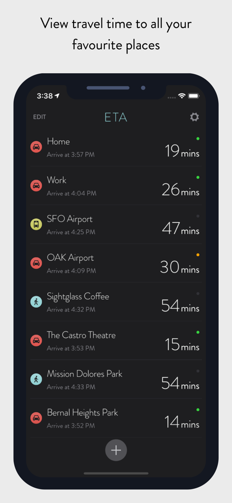 ETA app dashboard showing travel times and estimated arrival for multiple destinations like home and work