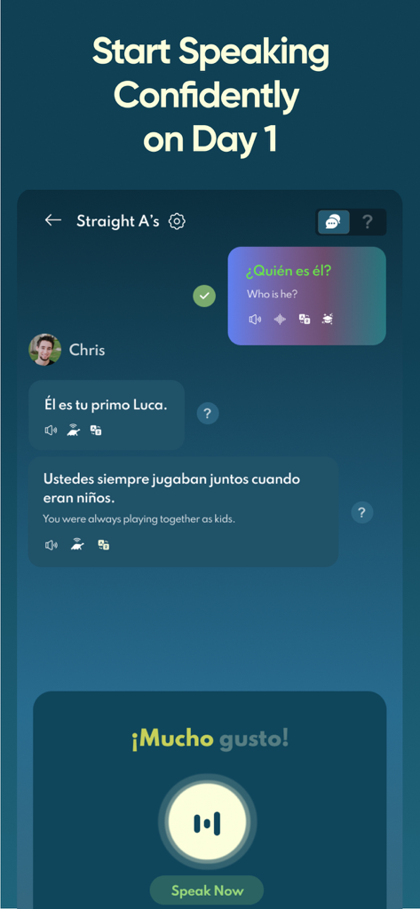 Interfaz de la aplicación móvil Jumpspeak que muestra una conversación en español con un tutor de IA y un botón de Hablar ahora.