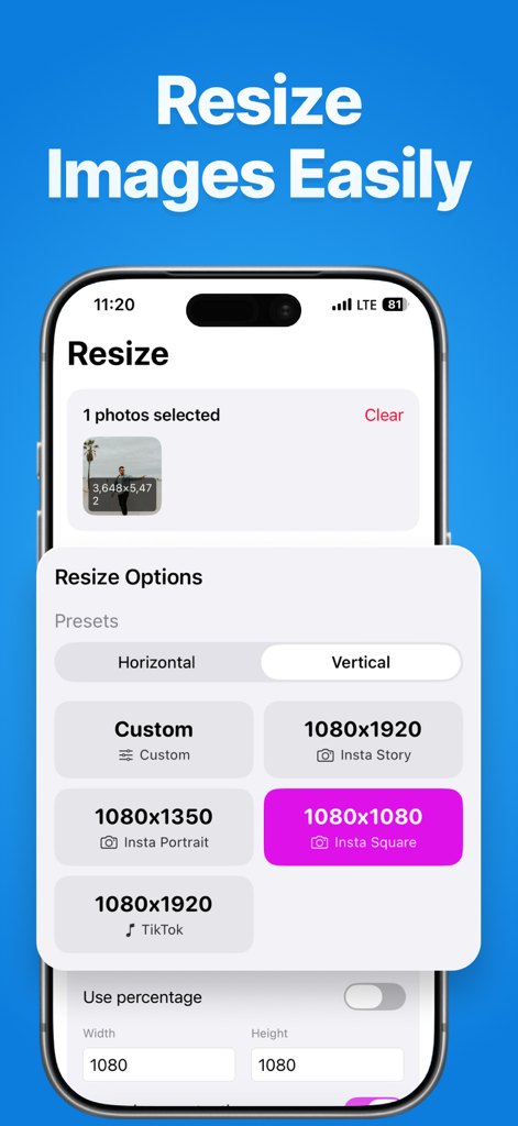 Compress Photos & Size Reducer - Compress Photosアプリのソーシャルメディア用画像リサイズプリセットのスクリーンショット