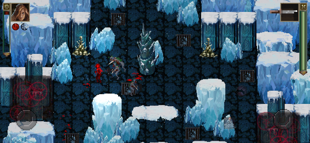 Top-down pixel art gameplay of an investigator fighting monsters in an icy dungeon environment.