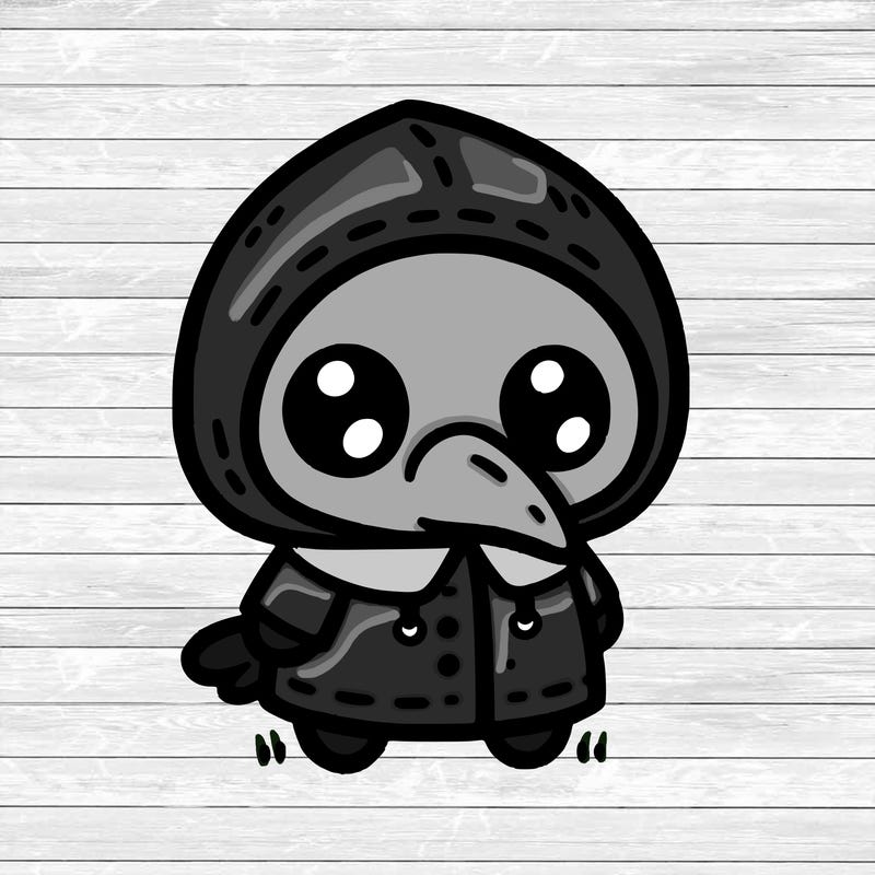 little cute white monster, plague doctor, drawn with thin lines on a white background.