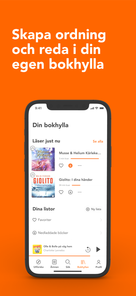 Bokus Play app interface showing the personal bookshelf with currently reading books and favorites lists