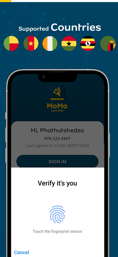 MoMo App - Pantalla de inicio de sesión biométrico seguro de la aplicación MoMo y lista de países africanos compatibles