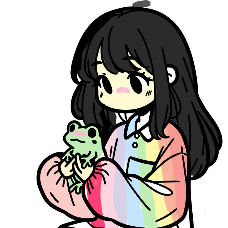 girl with long hair and a oversized shirt. and she is holding a frog