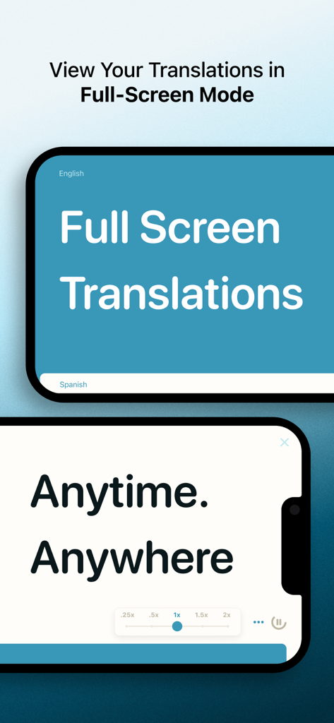 Translate: Voice & Text - Modo de traducción a pantalla completa mostrado en un teléfono inteligente para facilitar la lectura
