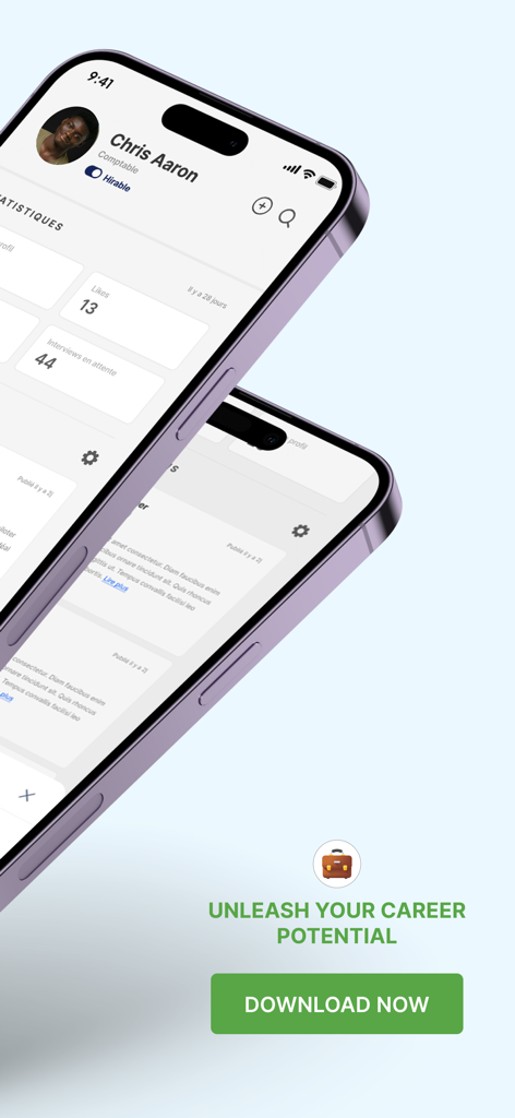 EdoMatch 모바일 앱 인터페이스의 사용자 프로필 및 경력 대시보드, 통계 및 채용 가능 상태 표시