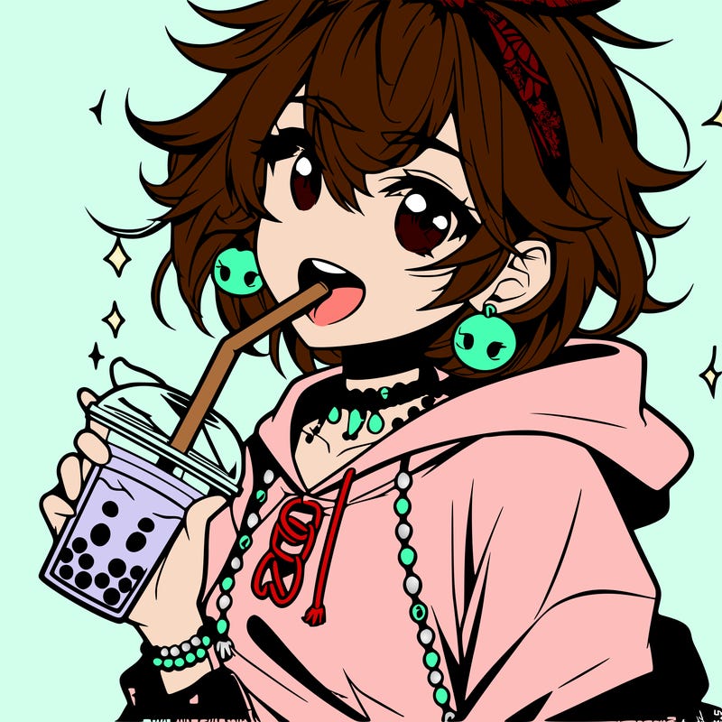 hot baddie anime girl drinking boba and biting the straw