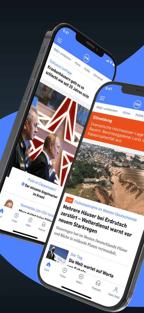Interfaccia dell'app di notizie tedesca RND su due iPhone che mostra titoli e categorie di notizie.
