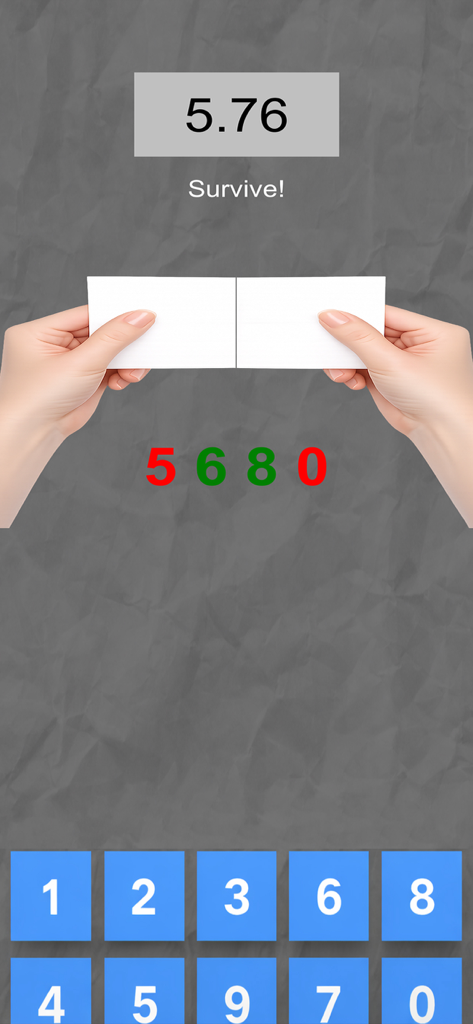 Number Challenge: Brain Game - 타이머와 숫자가 있는 생존 챌린지를 보여주는 넘버 챌린지 브레인 게임의 게임 플레이 화면.