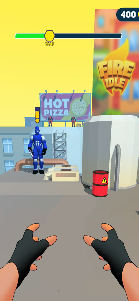 Hero adventure: catch enemies - First person view of a superhero character on a city rooftop in the Hero Adventure game