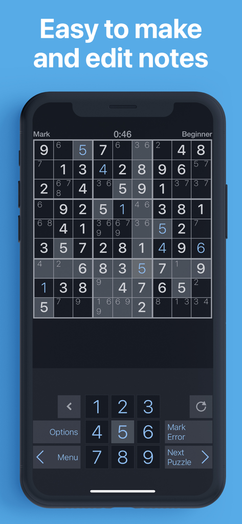 Pure Sudoku: The Logic Game - Pure Sudoku app screenshot showing the note-taking feature and dark mode puzzle interface.