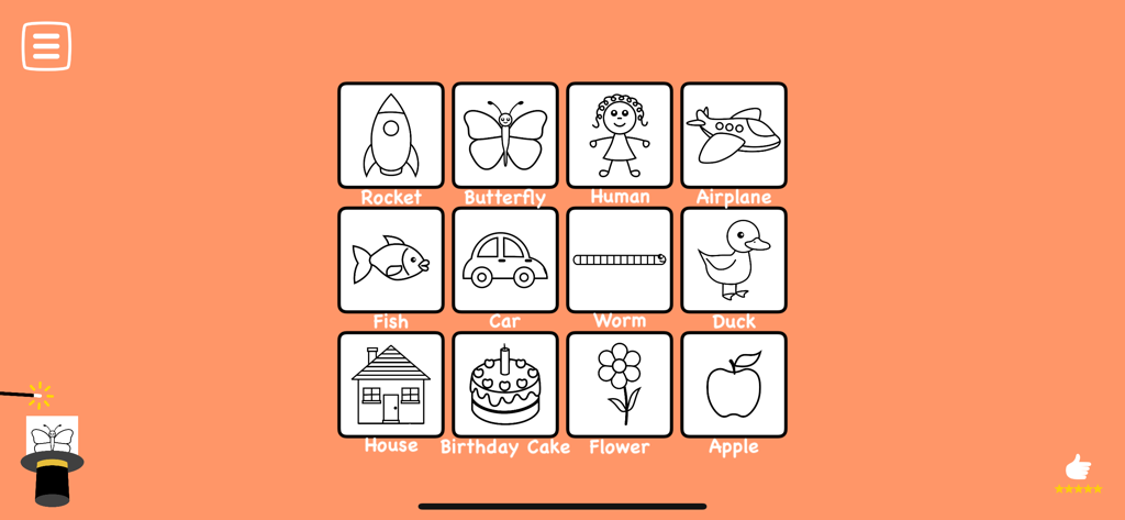 Drawing to Animation for Kids - Drawing themes menu for kids featuring icons of a rocket butterfly and car