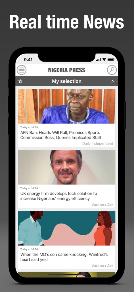 Nigeria Press - Nigeria Press app displaying real-time news headlines from various Nigerian newspapers.