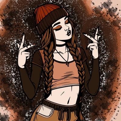 realistic teenage girl with braids and a beanie and crop top doing 🫶🏼