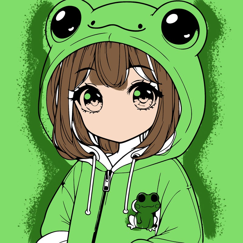 cute realistic girl in a froggy hoodie