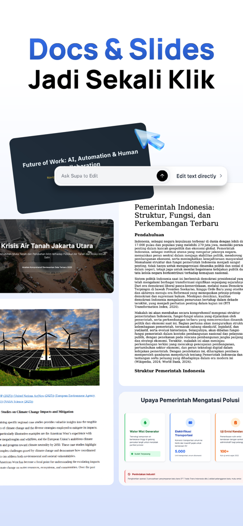 Supa AI - Supa AI app interface displaying AI-powered document and slide creation features.