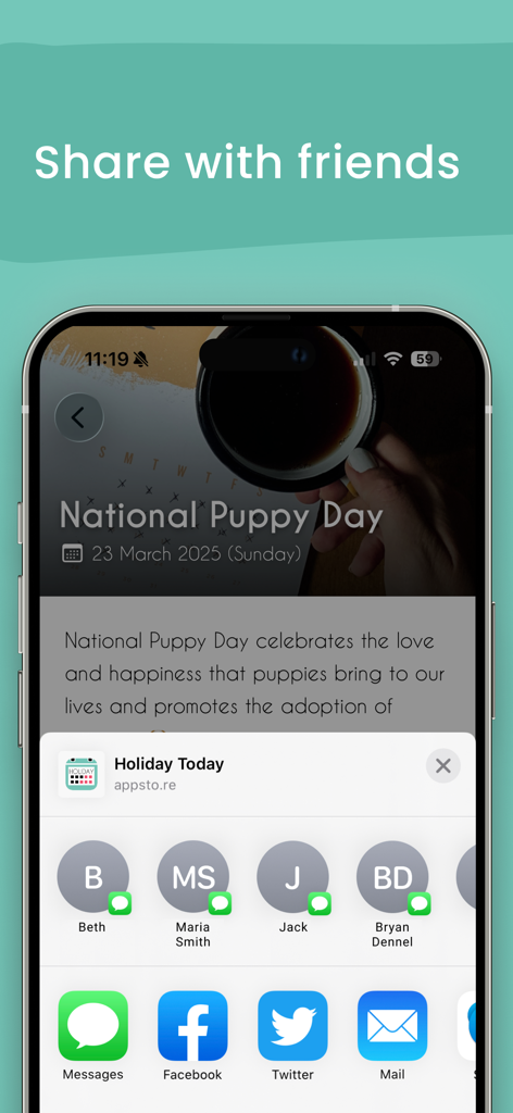 National Holiday Today - Mobile app interface showing options to share National Puppy Day holiday with friends via social media and messaging